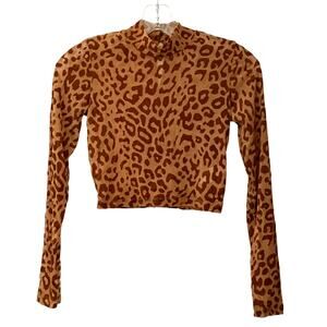 Motel Rocks Leopard Print Mesh Crop Top Long Sleeve Going Out Brown Tan Size XS